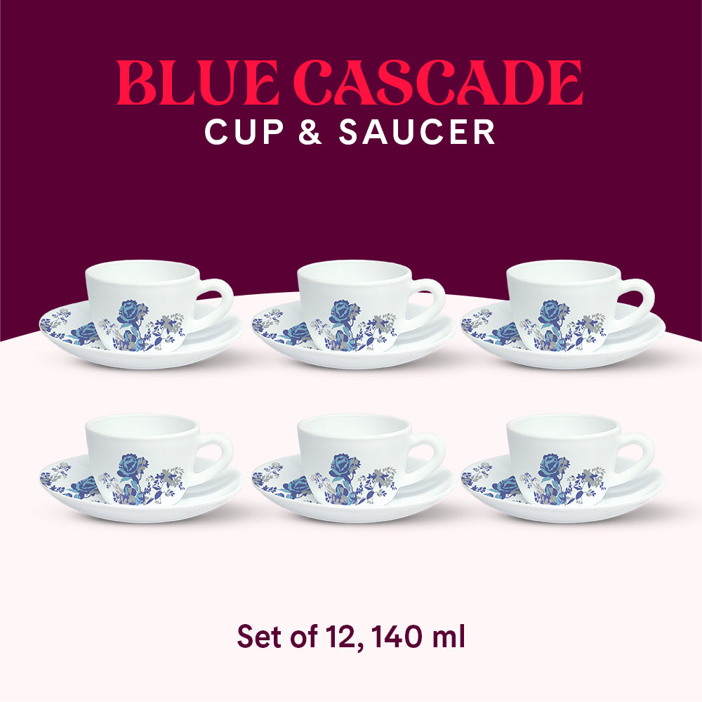 Larah by Borosil Blue Cascade Cup n Saucer Set 140 ml x 12