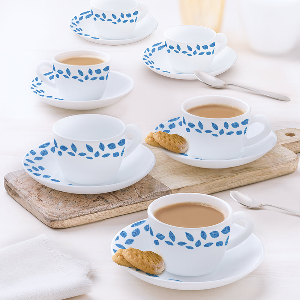 Larah by Borosil Blue Leaves Cup n Saucer Set, 140ml x 12