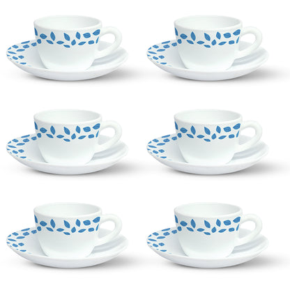 Larah by Borosil Blue Leaves Cup n Saucer Set 140 ml x 12