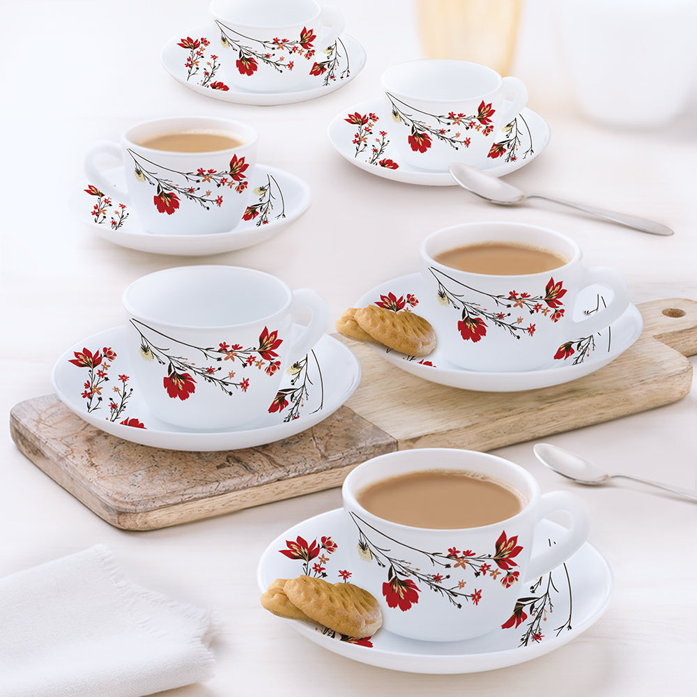 Larah by Borosil Chrys Red Cup n Saucer Set 140 ml x 12