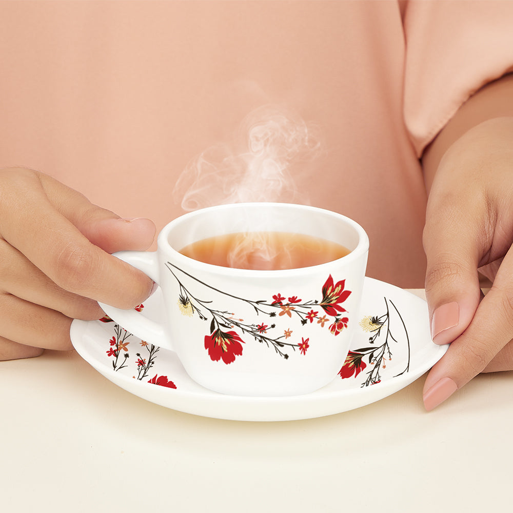 Larah by Borosil Chrys Red Cup n Saucer Set 140 ml x 12