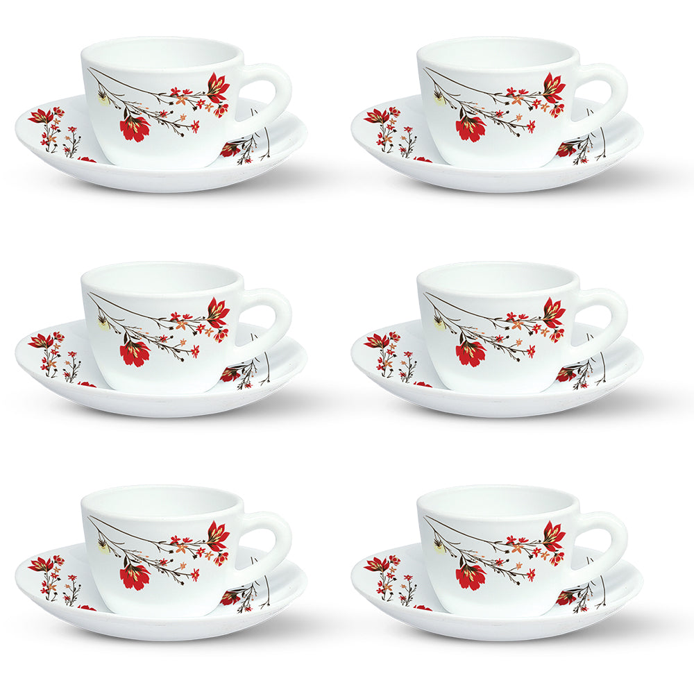 Larah by Borosil Chrys Red Cup n Saucer Set 140 ml x 12