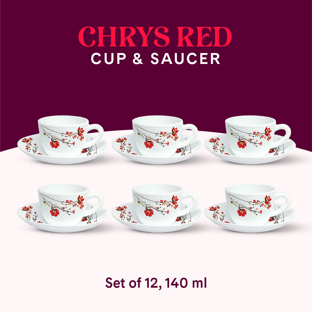 Larah by Borosil Chrys Red Cup n Saucer Set 140 ml x 12