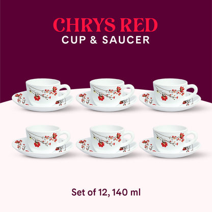 Larah by Borosil Chrys Red Cup n Saucer Set 140 ml x 12