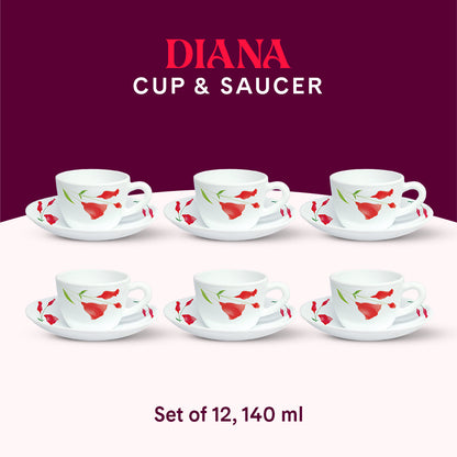 Larah by Borosil Diana Cup n Saucer Set 140 ml x 12