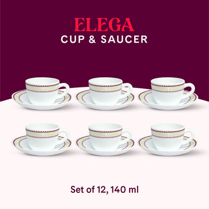 Larah by Borosil Elega Cup n Saucers Set 140 ml x 12