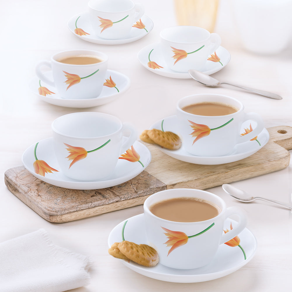 Larah by Borosil Firefly Cup n Saucer Set, 140ml x 12
