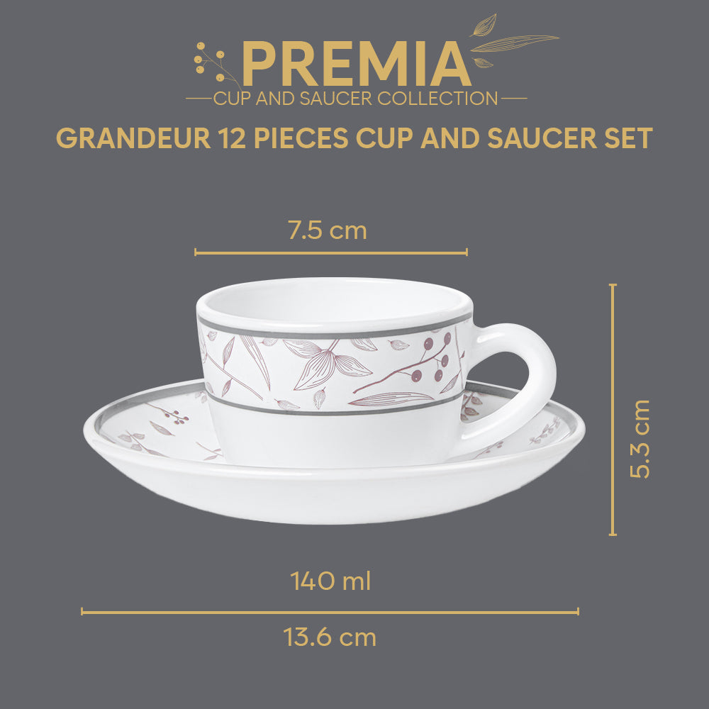 Larah By Borosil Grandeur Cup n Saucer Set 140 ml x 12