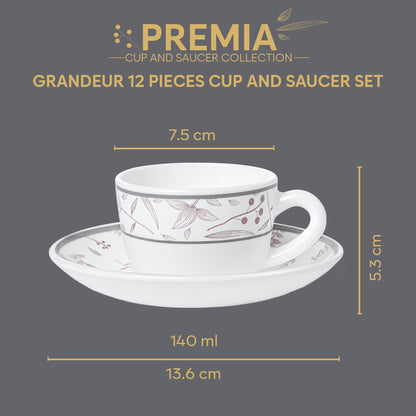 Larah By Borosil Grandeur Cup n Saucer Set 140 ml x 12