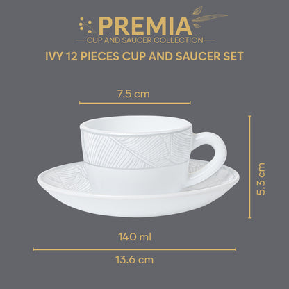 Larah By Borosil Ivy Cup n Saucer Set 140 ml x 12