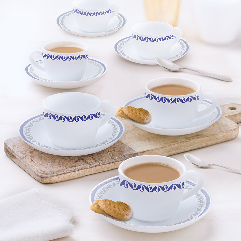 Larah by Borosil Jazzblue Cup n Saucer Set, 140ml x 12