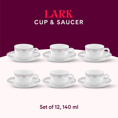 Larah by Borosil Lark Cup n Saucers Set 140 ml x 12