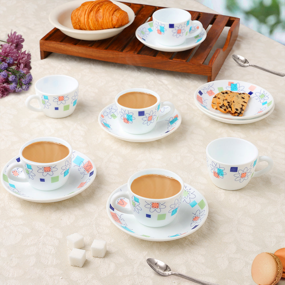 Larah by Borosil Starflower Cup n Saucers Set 140 ml x 12