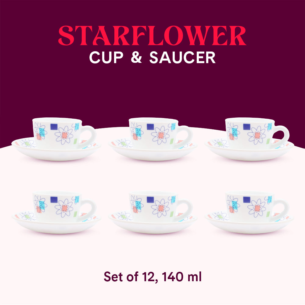 Larah by Borosil Starflower Cup n Saucers Set 140 ml x 12