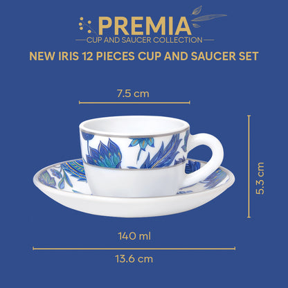 Larah By Borosil New Iris Cup n Saucer Set 140 ml x 12