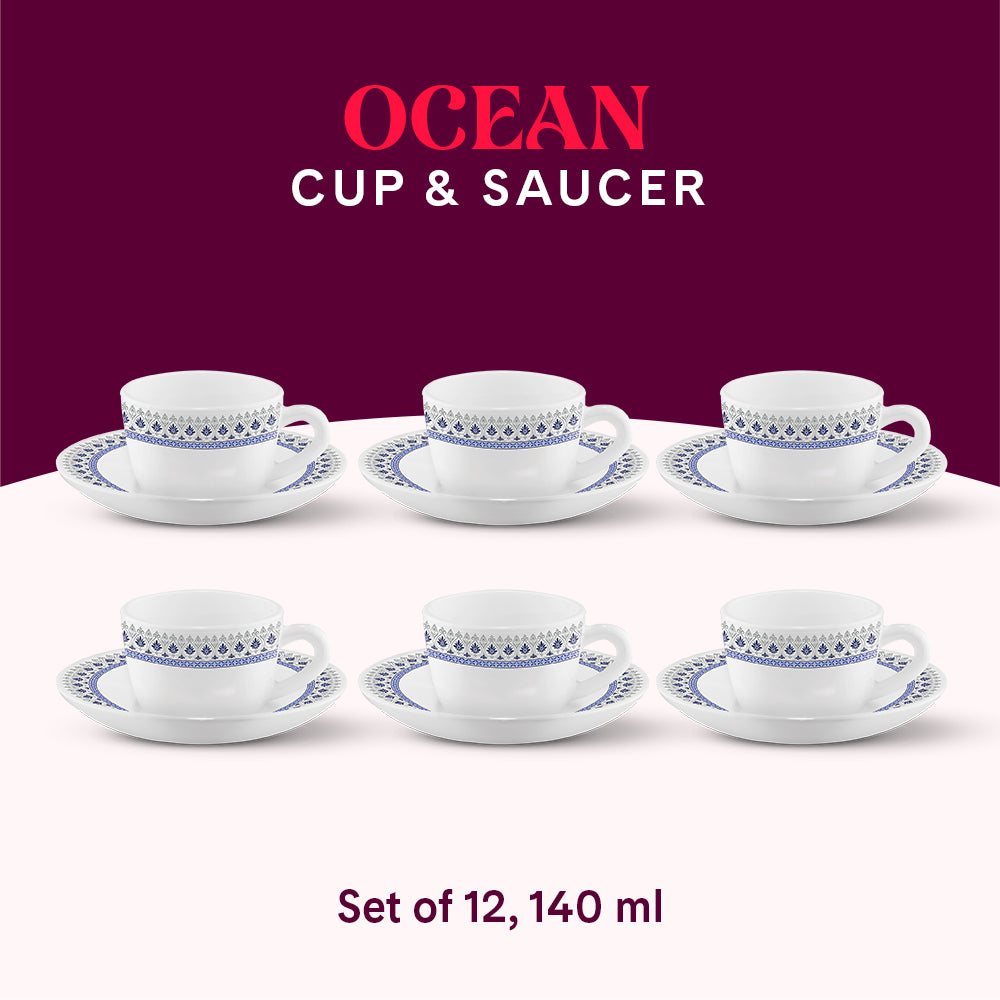 Larah by Borosil Ocean Cup n Saucers Set 140 ml x 12