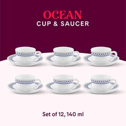Larah by Borosil Ocean Cup n Saucers Set 140 ml x 12