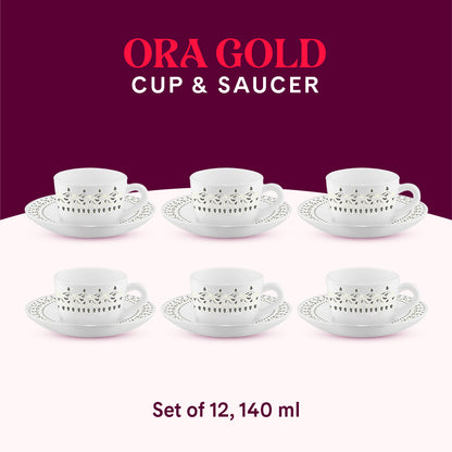 Larah by Borosil Ora Gold Cup n Saucer Set 140 ml x 12