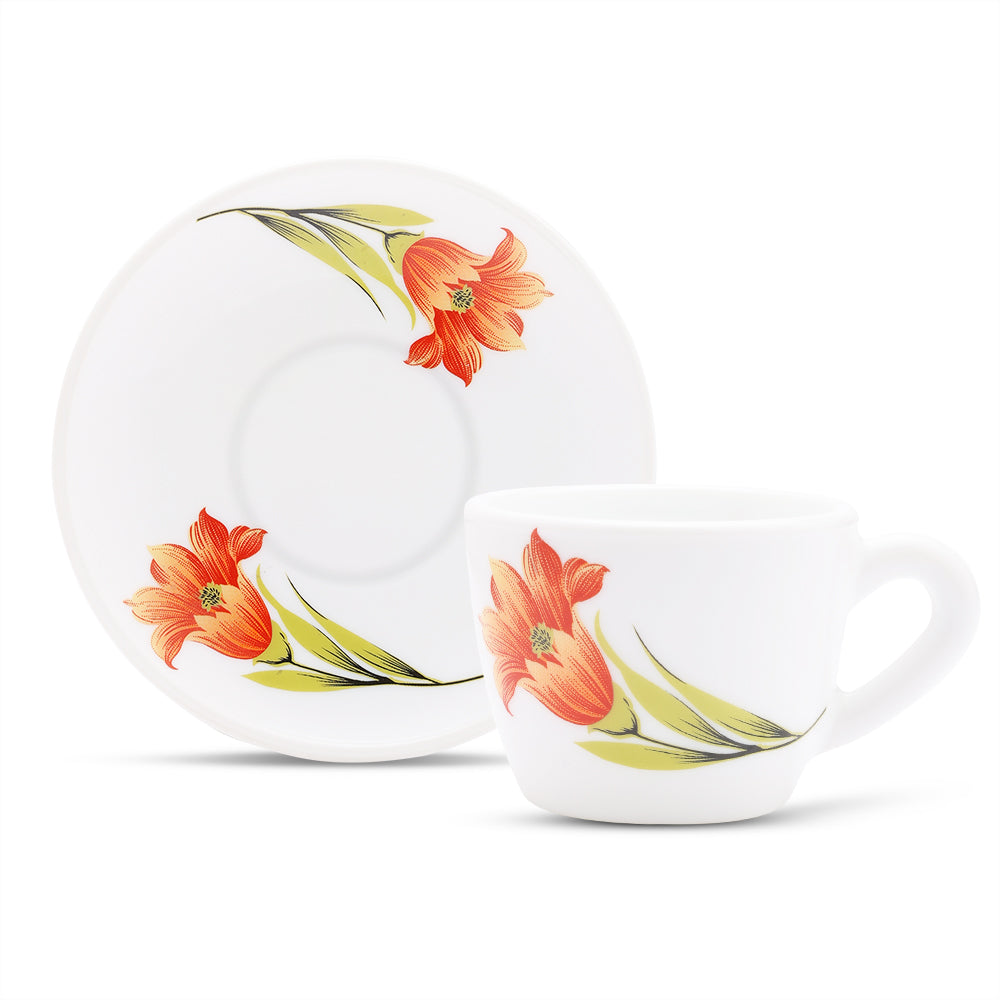 Larah by Borosil Red Iris Cup n Saucer Set 140 ml x 12