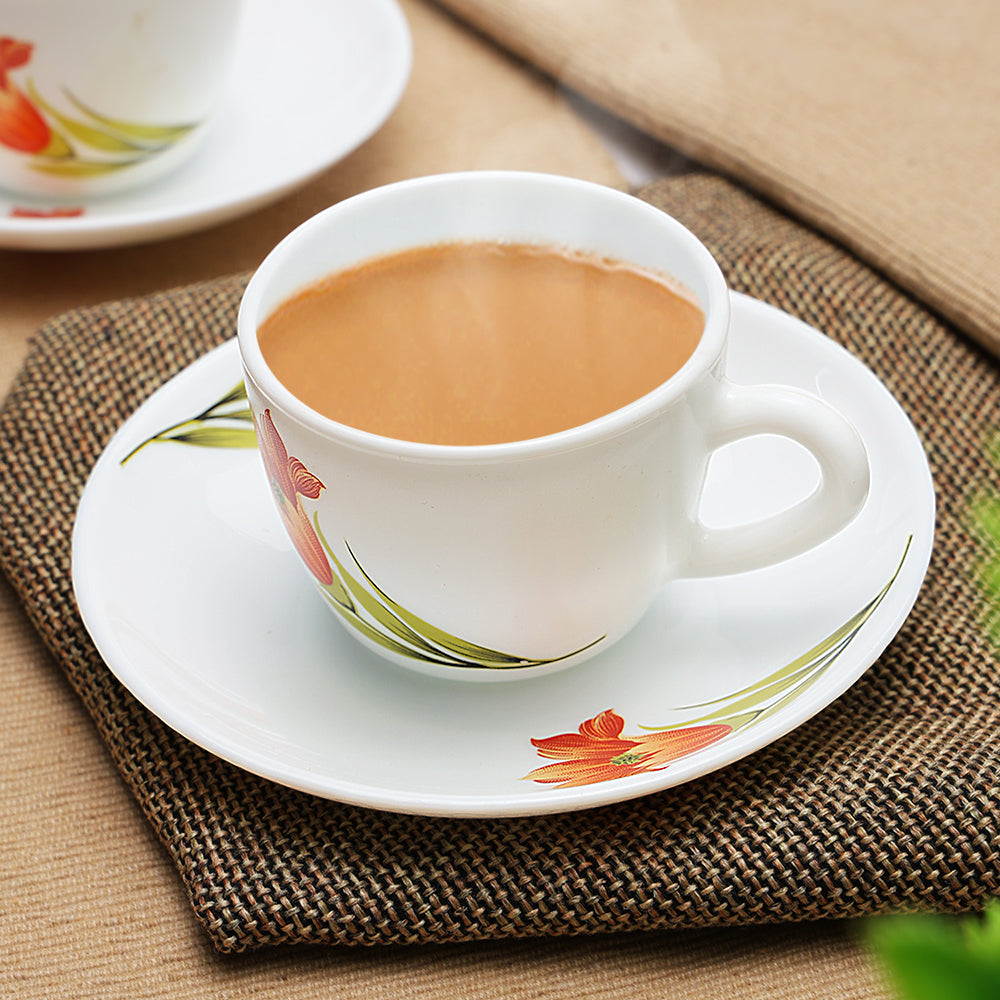 Larah by Borosil Red Iris Cup n Saucer Set 140 ml x 12