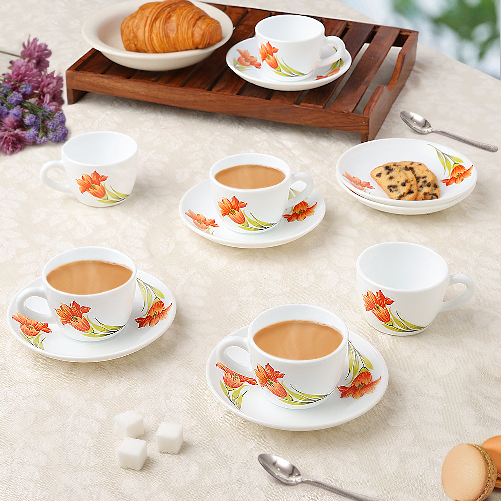 Larah by Borosil Red Iris Cup n Saucer Set 140 ml x 12