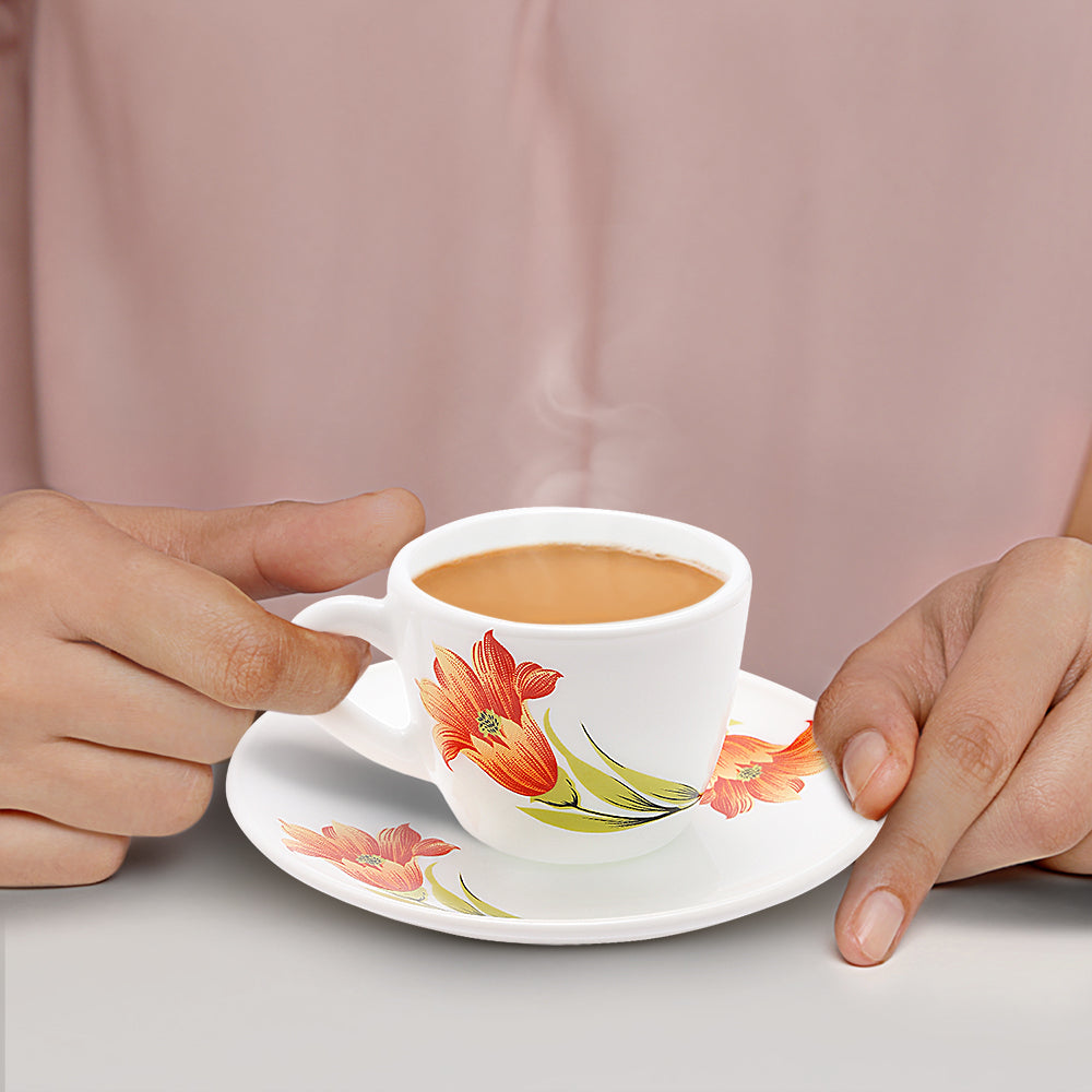 Larah by Borosil Red Iris Cup n Saucer Set 140 ml x 12