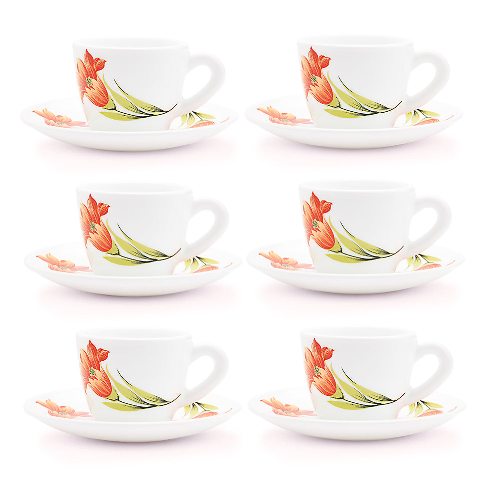 Larah by Borosil Red Iris Cup n Saucer Set 140 ml x 12