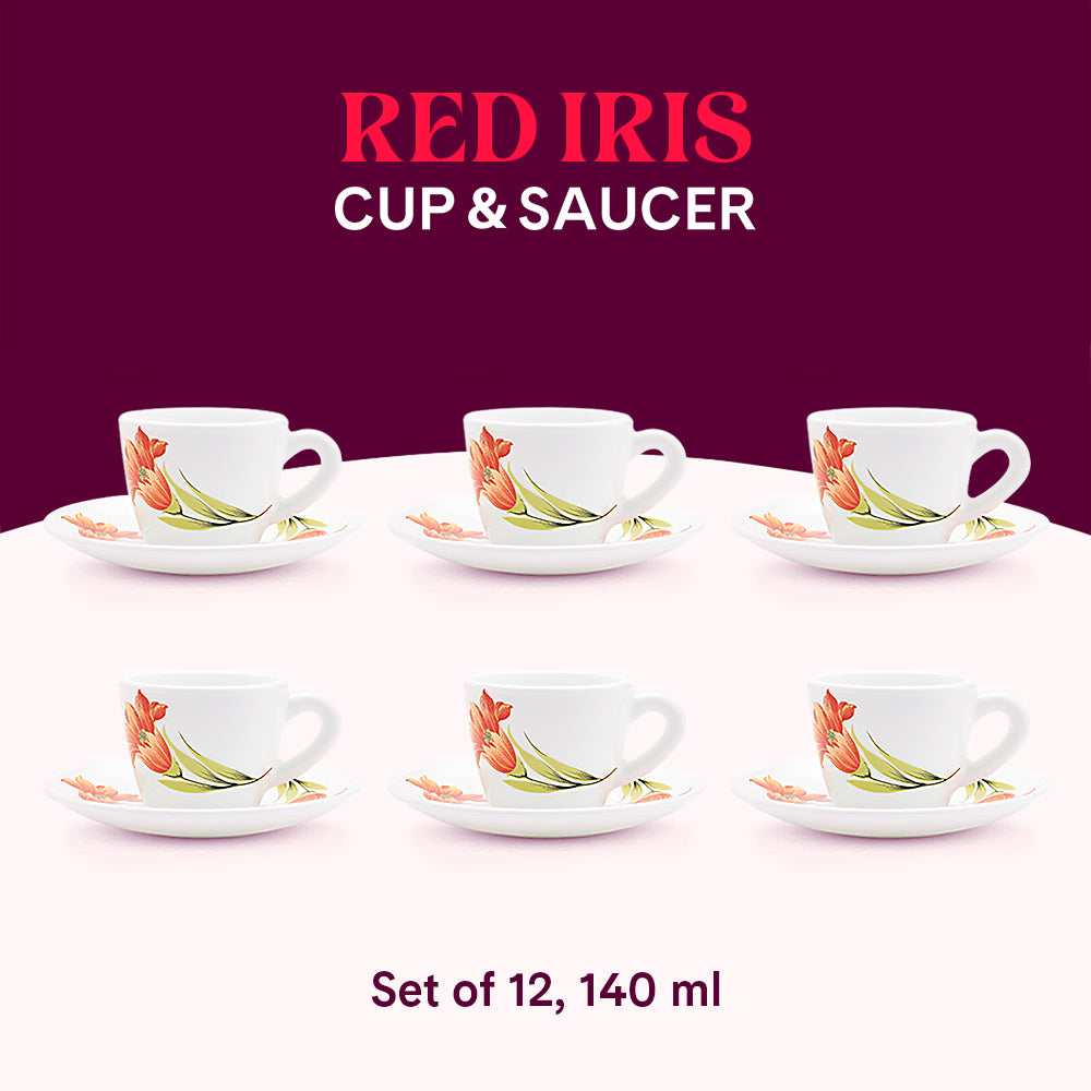 Larah by Borosil Red Iris Cup n Saucer Set 140 ml x 12
