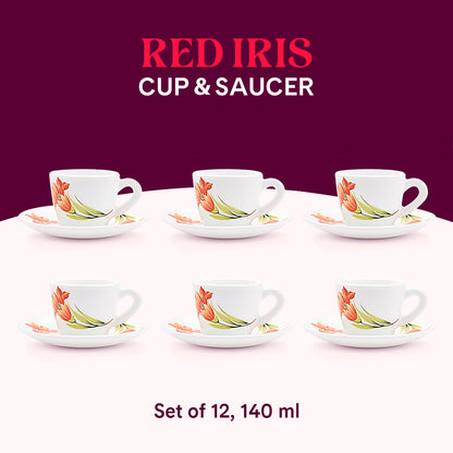 Larah by Borosil Red Iris Cup n Saucer Set 140 ml x 12