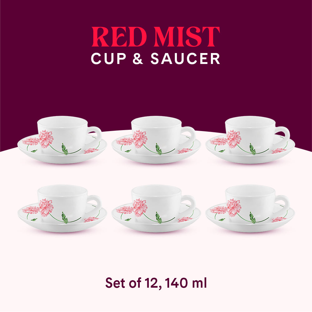 Larah by Borosil Red Mist Cup n Saucer Set 140 ml x 12