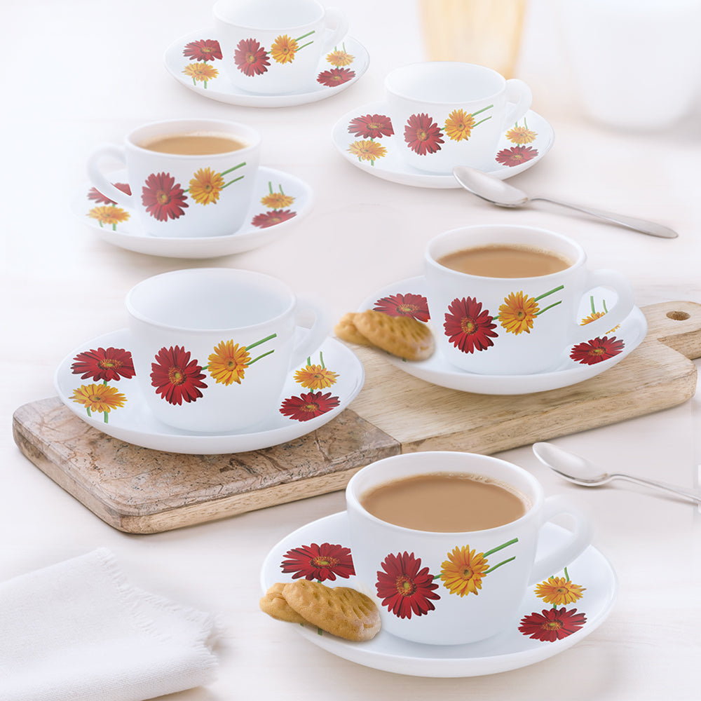 Larah by Borosil Zinnia Cup n Saucer Set, 140ml x 12