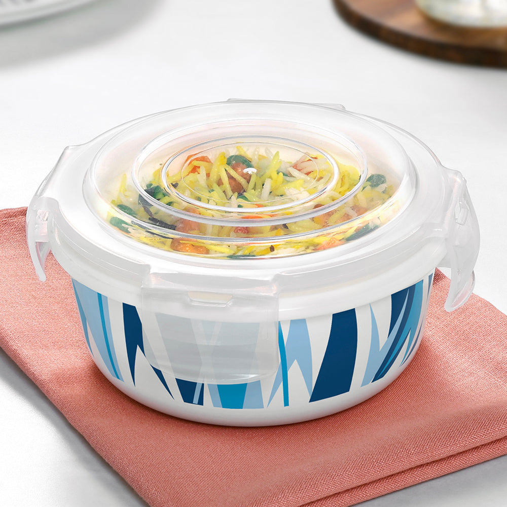 Larah Opalware, Geo Blue Klip N Store Round Container