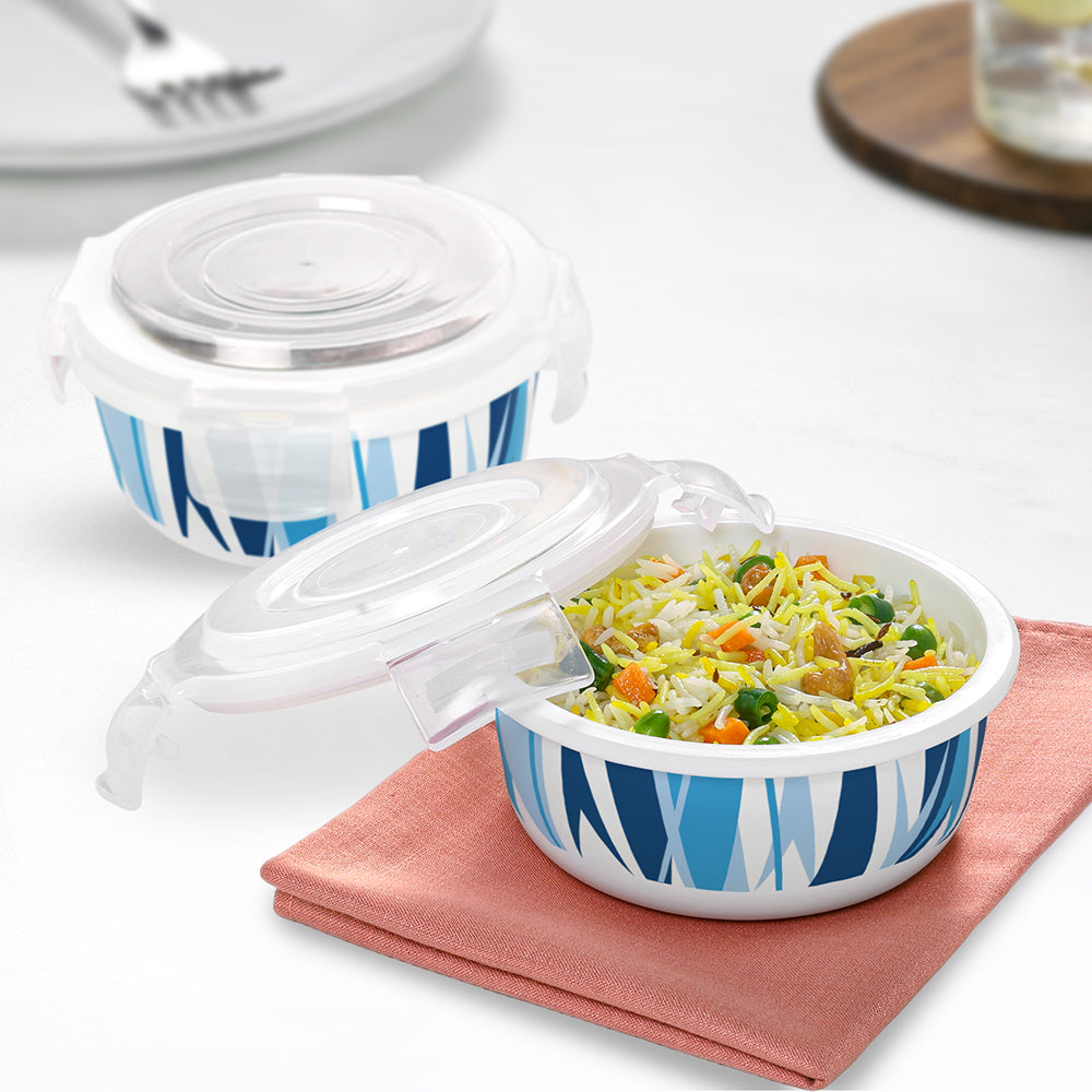 Larah Opalware, Geo Blue Klip N Store Round Container, Set of 2