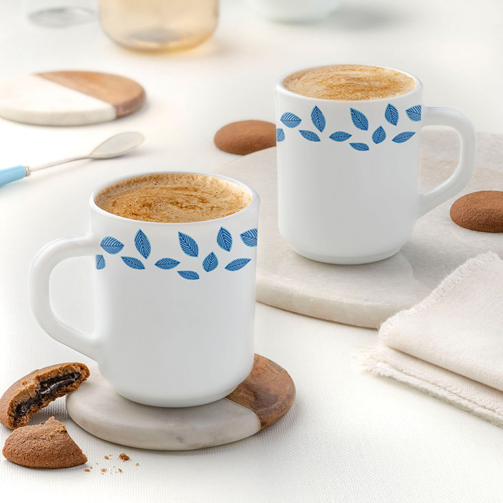 Larah by Borosil Blue Leaves Mug Set, 240ml x 2