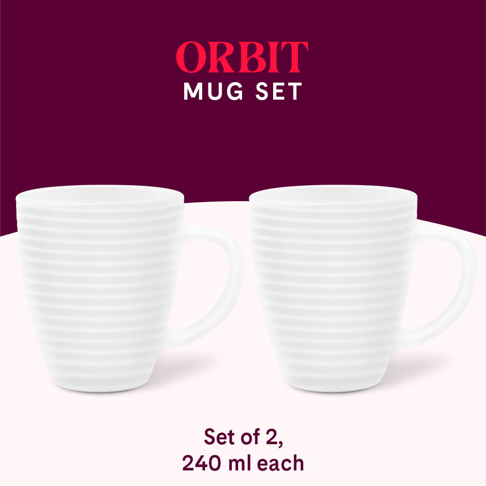 Larah By Borosil Orbit Mug, White 240 ml x 2