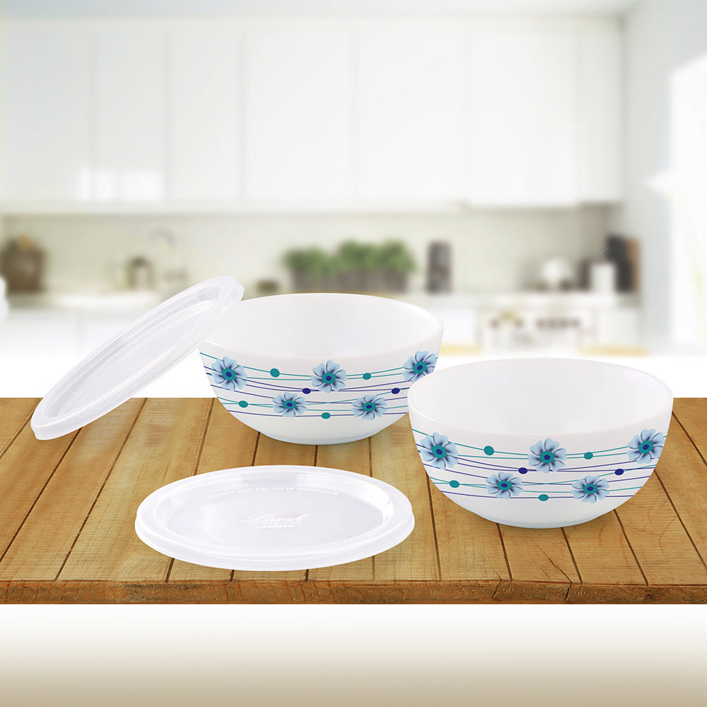 Larah by Borosil Bluebell Snack Bowl with Cover 2 pc Set + 2 Lids