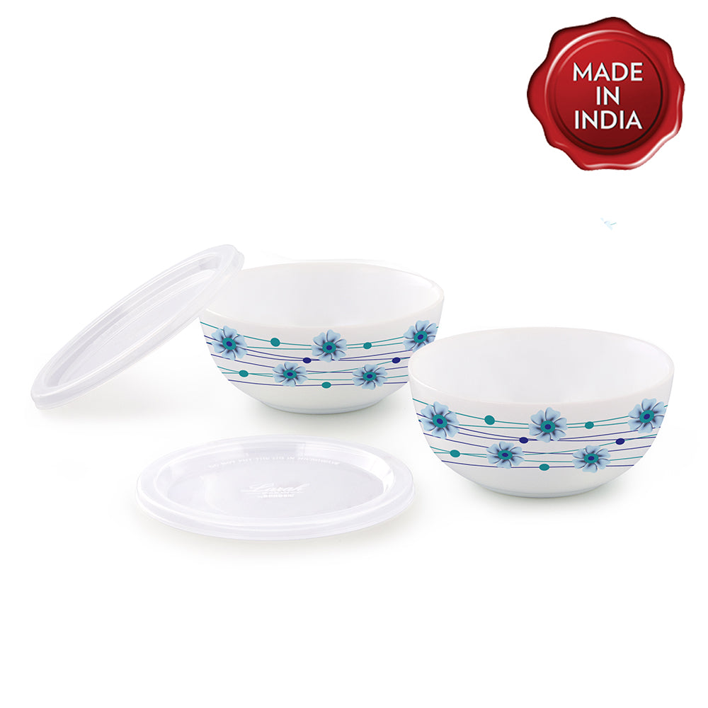 Larah by Borosil Bluebell Snack Bowl with Cover 2 pc Set + 2 Lids