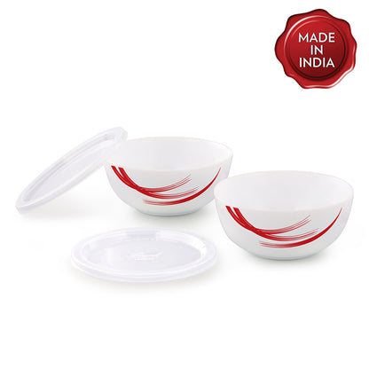 Larah by Borosil Red Stella Snack Bowl with Cover 2 pc Set + 2 Lids