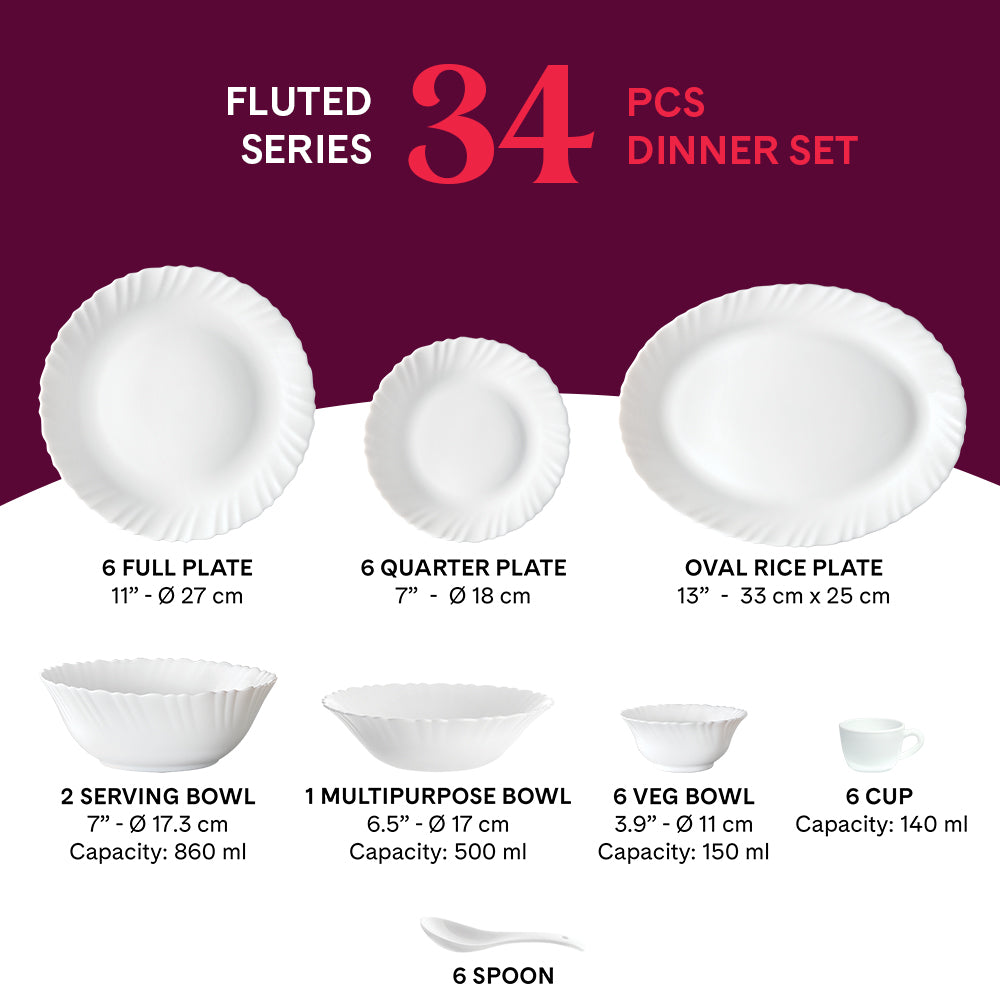 Larah by Borosil, Bellflower Dinner Set 34 pc Set: Serves 6