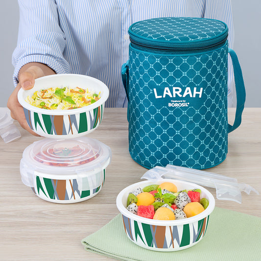 Larah by Borosil Geo Green Lunchbox, Set of 3, Teal