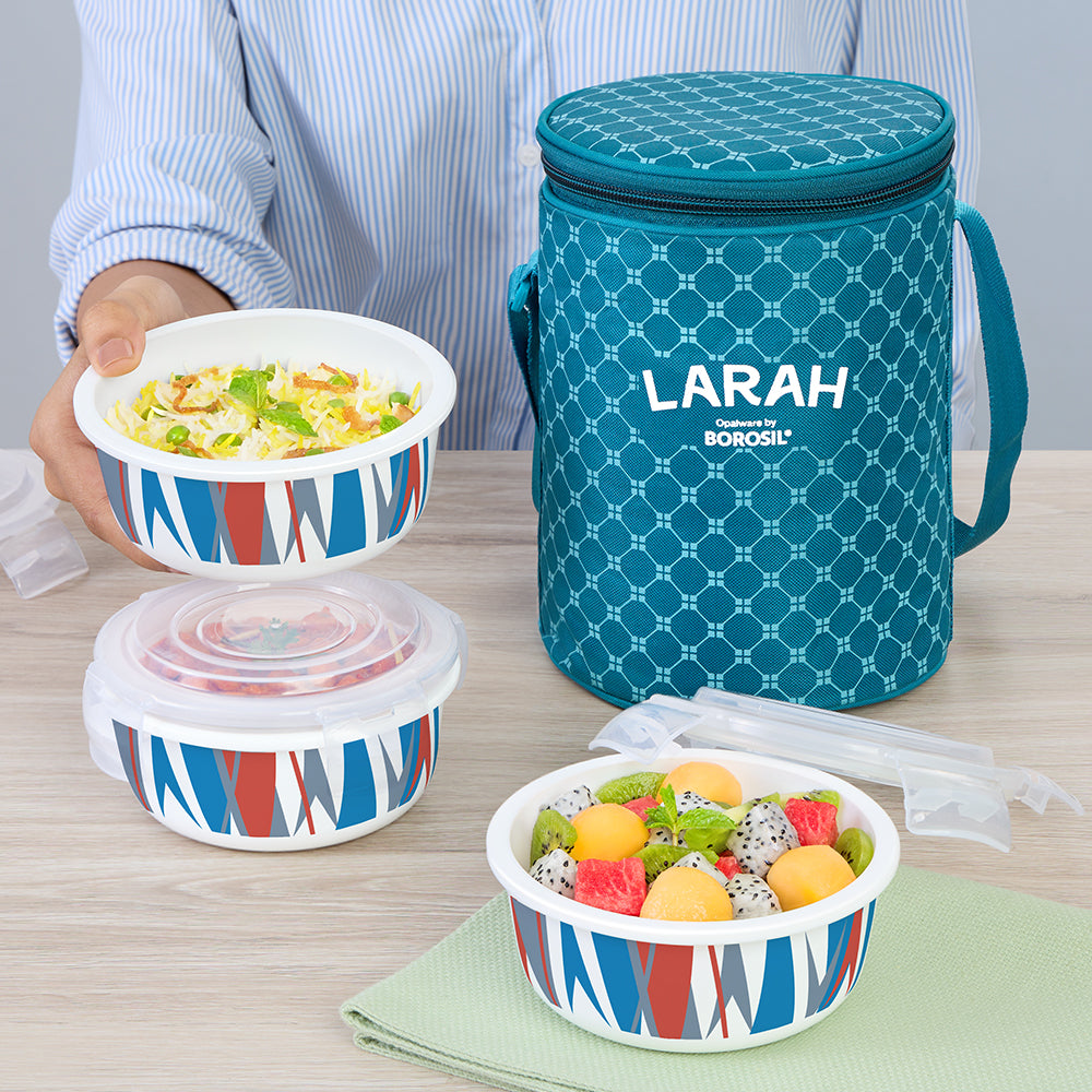 Larah by Borosil Geo Orange Round Lunchbox, Teal