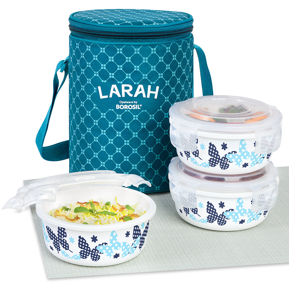 Larah by Borosil Veera Blue Lunchbox, Set of 3, Teal 400 ml x 3