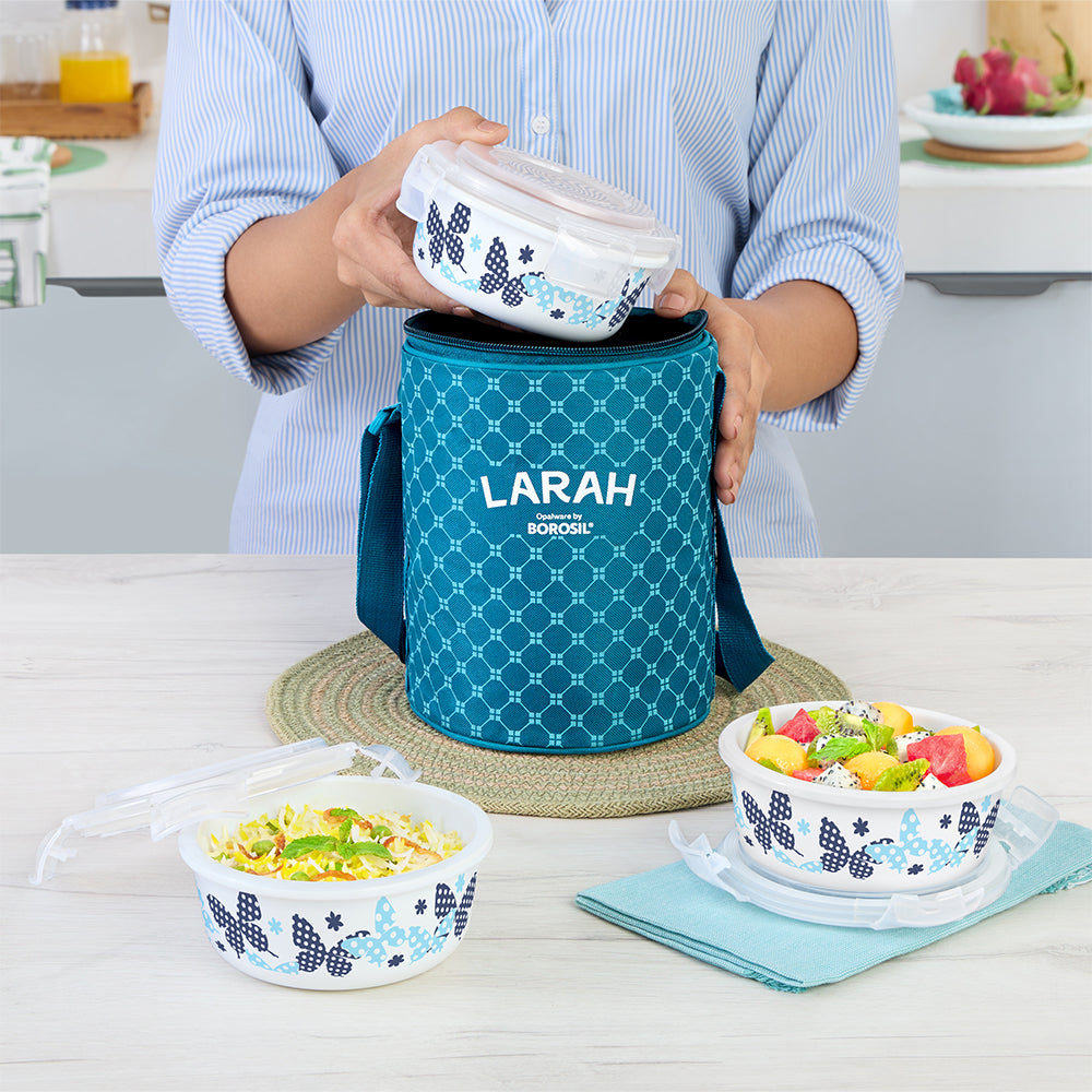 Larah by Borosil Veera Blue Lunchbox, Set of 3, Teal 400 ml x 3