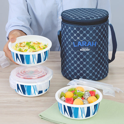 Larah by Borosil Geo Blue Lunchbox, Set of 3, Blue 400 ml x 3