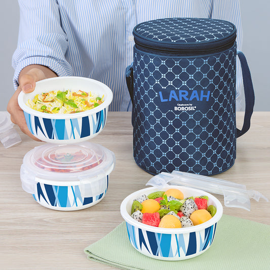 Larah by Borosil Geo Blue Lunchbox, Set of 3, Blue