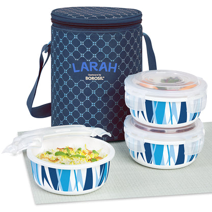 Larah by Borosil Geo Blue Lunchbox, Set of 3, Blue 400 ml x 3
