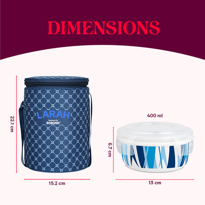 Larah by Borosil Geo Blue Lunchbox, Set of 3, Blue 400 ml x 3