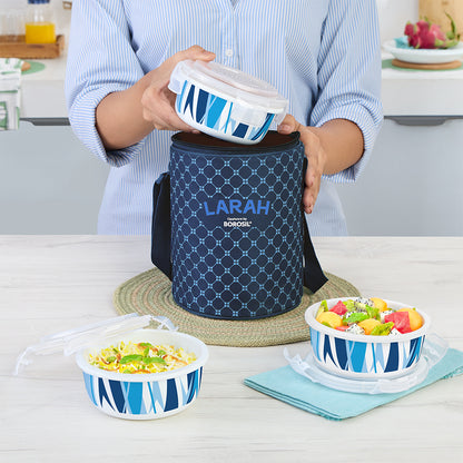 Larah by Borosil Geo Blue Lunchbox, Set of 3, Blue 400 ml x 3