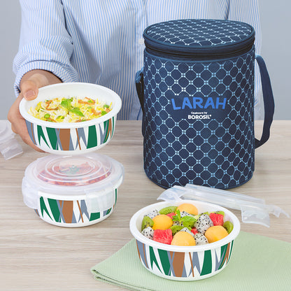 Larah by Borosil Geo Green Lunchbox, Set of 3, Blue 400 ml x 3