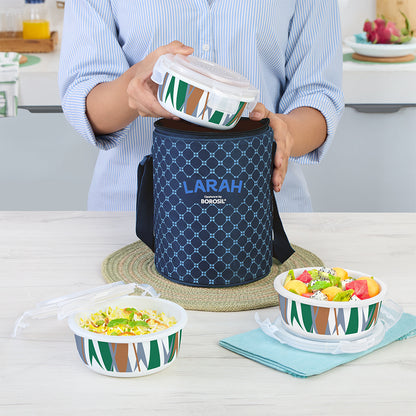 Larah by Borosil Geo Green Lunchbox, Set of 3, Blue 400 ml x 3